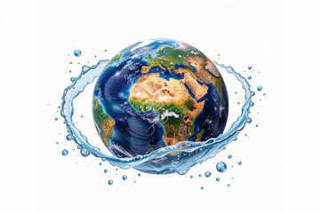 Planet Earth Globe with Blue Water Splash on White Background