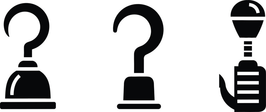 Pirate hook and question mark icon set featuring mystery symbols curved metal hand silhouettes