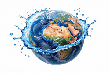 Planet Earth Globe with Blue Water Splash on White Background