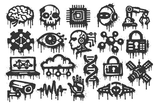 Dripping graffiti icons: brain, skull, circuit board, cybersecurity elements.