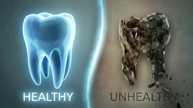 Side-by-side comparison of a healthy strong tooth and a damaged decayed tooth, showing cavities, cracks, and the effects of poor oral hygiene to emphasize prevention and care