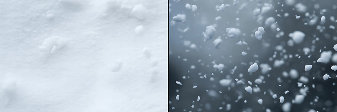 Commercial Winter Diptych of Soft Snow Background and Heavy Falling Snow Particles on a Dark Blue Gradient