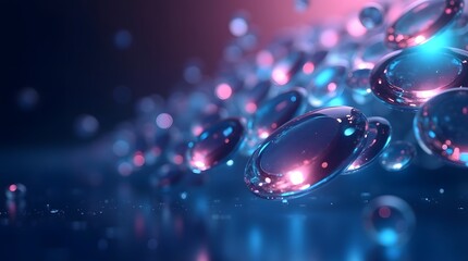 Naklejka premium Abstract close-up of colorful liquid droplets with a glowing effect, creating a mesmerizing visual in shades of blue and pink.