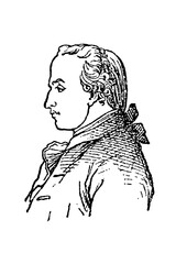 Immanuel Kant, German philosopher, profile portrait in period coat and wig, facing left, old vintage illustration, 1897. © Timofeeff