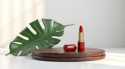 A vibrant red lipstick showcased elegantly on a wooden pedestal, accompanied by a lush green leaf for a touch of nature.