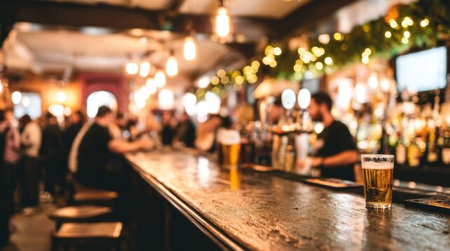 Pint of beer on a wooden counter, creating a cozy atmosphere in a busy pub setting with blurred people socializing in the background. Blurred