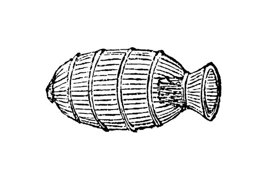 Wicker fish trap or creel, woven basketry object with intricate linear patterns, bulbous structure, and narrow neck, old vintage illustration, 1897.