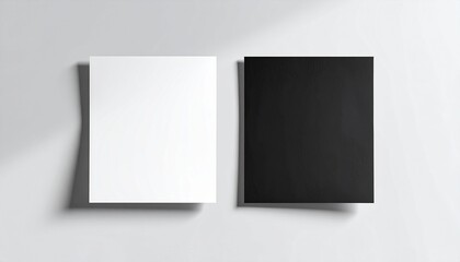 Fototapeta premium Minimalist business card mockup featuring black and white cards standing side by side with soft shadows on clean neutral background. Perfect for branding presentation, identity design, and corporate.