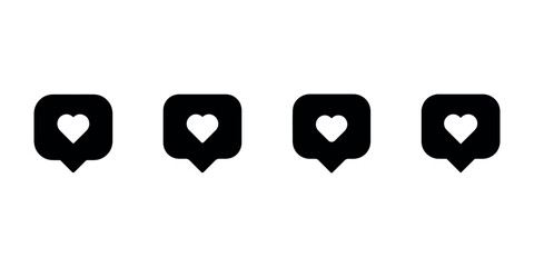Black solid icons set of like notification speech bubble shape with heart symbol inside representing social media engagement and approval on white