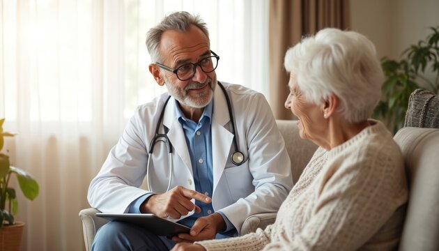 Doctor visits elderly woman at home. Physician uses tablet to discuss health data and treatment plan. Patient listens attentively, showing trust and comfort during indoor consultation.