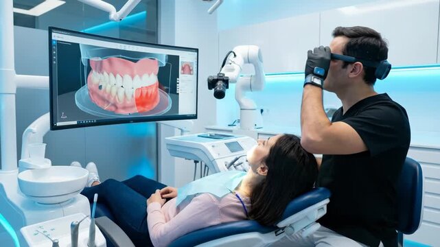 Dentist wearing augmented reality glasses conducts a detailed dental exam using 3d modeling and digital imaging for precise treatment planning in a modern clinic