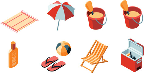 Isometric beach summer icons with umbrella, chair, cooler, sunscreen, flip flops, ball, towel vector illustration set