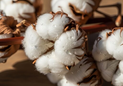 Macro shot emphasizing the soft texture of harvested cotton flower stems with shimmering botanical essential oil droplets on a natural surface, fluffy, comfort, purity