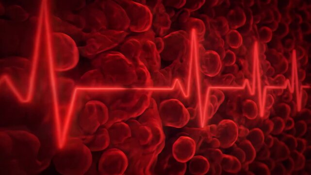 Pulsating red blood cells with glowing heartbeat line animation, symbolizing life, vitality, and cardiovascular health in a vibrant, dynamic, and cinematic 4K seamless loop