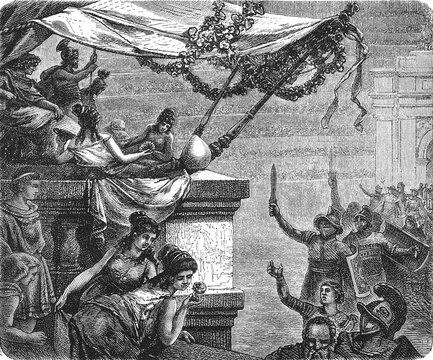 Gladiators saluting Commodus, Roman arena scene filled with gladiators, spectators, and opulent decorations, capturing dramatic historical grandeur, old vintage illustration, 1880.