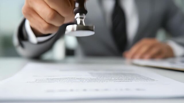 Closeup of a businessman stamping an official document at a desk in a modern office environment. The focus is on the hand holding a stamp, symbolizing approval and legal validation