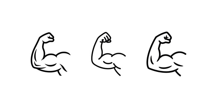 Strong flexed arm biceps muscle icon set in three different line weights representing fitness strength and bodybuilding power for gym logo inspiration