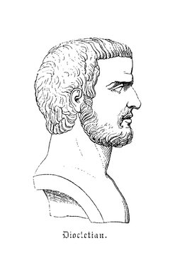 Diocletian, Roman emperor profile with intricate hair and facial features, stoic classical antiquity portrait, old vintage illustration, 1880.