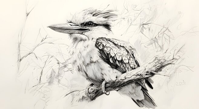 Kookaburra pencil drawing detailed bird portrait with forest leaves image