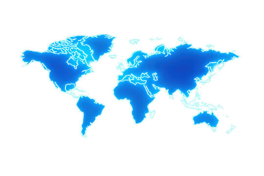 World map global connecting continents with glowing blue line outlines and digital technology theme, transparent background