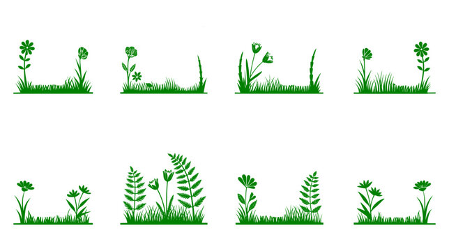 Green grass and wildflower decorative borders isolated on white background, spring nature vector elements collection