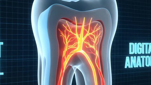 Tooth showing its internal structure including the root canals, pulp chamber, and nerve network, representing dental anatomy and potential root canal treatment concepts