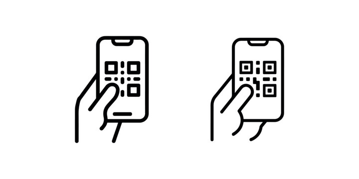 Hand holding smartphone scanning qr code icons set for digital payment and mobile information access in technology and marketing applications illustrations
