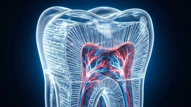 Human tooth cross-section revealing transparent enamel and dentin, vibrant pulp with nerves and blood vessels glowing against dark background for dental anatomy and care