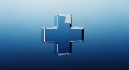 Fototapeta premium 3d rendered blue medical cross symbol with metallic sheen on gradient blue background representing health and wellness concepts