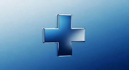 Obraz premium Blue gradient plus sign symbol with metallic effect on blue background representing healthcare and medical concepts