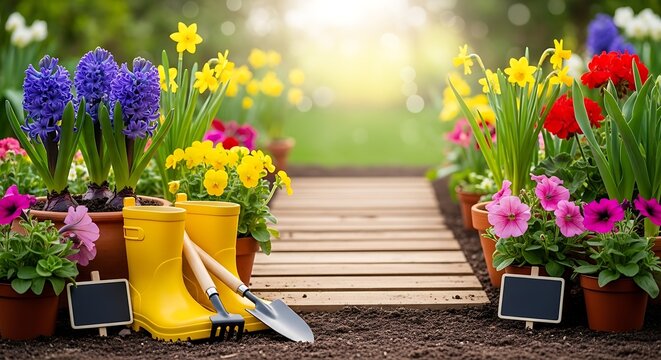 Vibrant Spring Garden Scene with Blooming Flowers and Essential Gardening Tools