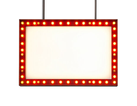 Illuminated marquee sign with red bulbs and blank inner panel hanging from wires
