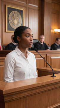 Young African American woman giving testimony or speaking at a podium in a courtroom setting with judges in the background, representing law, justice, legal defense, and witness