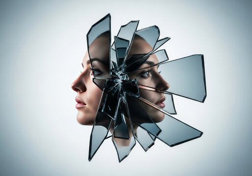 Abstract portrait showing complex self-analysis and deep introspection using fractured glass layers and multiple overlapping reflections, dimension, mosaic, contemplation