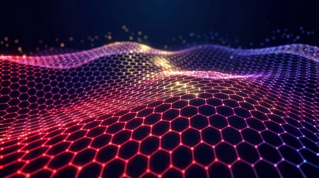 Digital futuristic landscape with a vibrant grid pattern and glowing hexagonal network