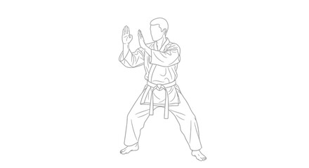 Obraz premium Karateka performing a defensive stance, black and white line art
