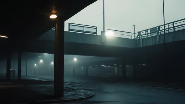 Underground parking garage with concrete pillars and a multi story structure above, illuminated by artificial lights casting a mysterious and desolate atmosphere in the foggy darkness
