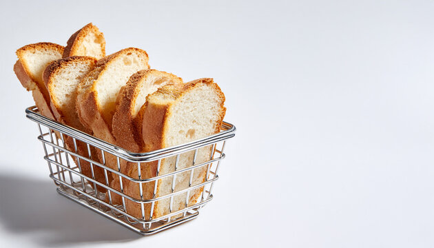 Freshly baked bread slices in iron basket against natural white background. top view Sliced bread.