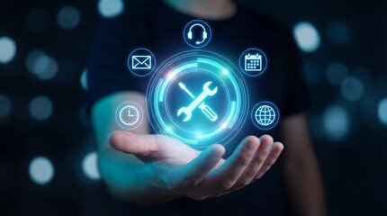 Fototapeta premium Person holding a digital maintenance icon with various service symbols surrounding it