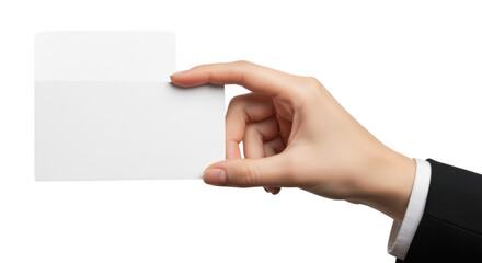 Obraz premium Female hand holding a blank vertical business card or flyer mockup. Isolated on transparent background, png