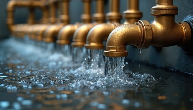 Golden pipes deliver clean water in industrial setting. Water flows from multiple faucets into basin, indicating resource management and supply systems. Cleanliness and plumbing detail.