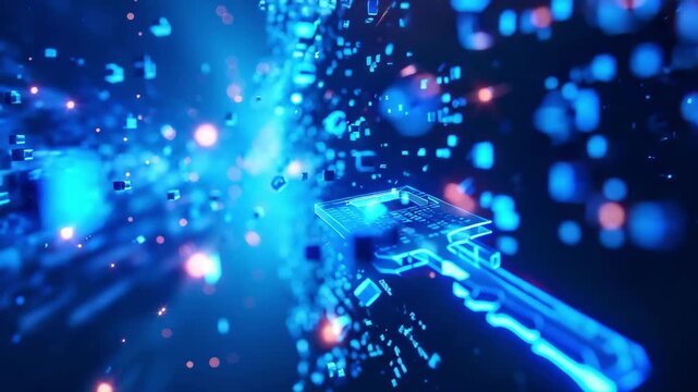Digital glowing key composed of blue data pixels and particles in virtual space. Concept of cyber security, data encryption and digital access technology