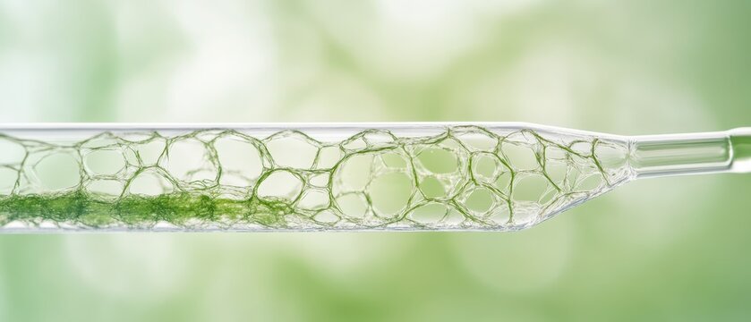 Green cellular structures forming within a clear liquid in a laboratory tube, scientific research, biotech.