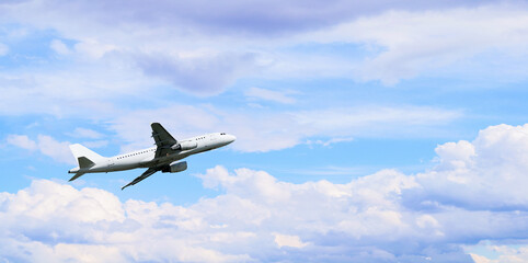 Passenger airplane flying in the pastel morning sky, travel by air concept, airplane in the flight background with free space for text