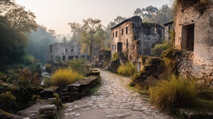 Old stone buildings and pathway through a serene natural landscape