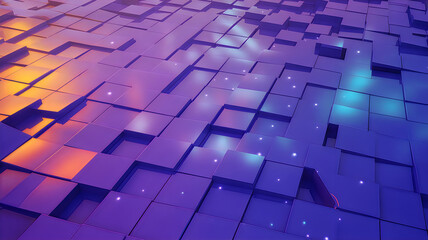 Vibrant 3D rendered purple and orange gradient background with glowing geometric blocks