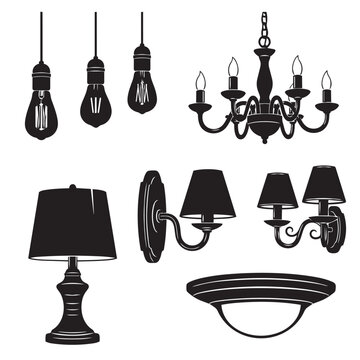 Lighting fixtures vector icon collection. Includes lamp, chandelier, sconce, pendant light, and ceiling light. Created in solid style with black and white palette