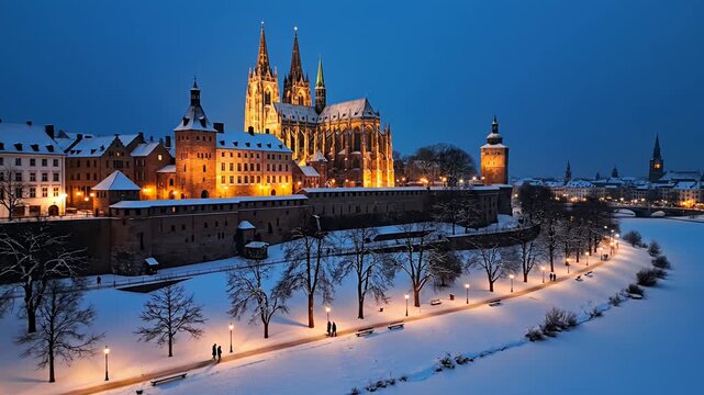 Illuminated Naumburg Cathedral and city during snowy winter night
