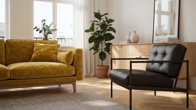 Modern interior design of scandinavian apartment, living room with yellow sofa, sideboard and black armchair 3d animation. motion video. 4k resolution video 30fps.