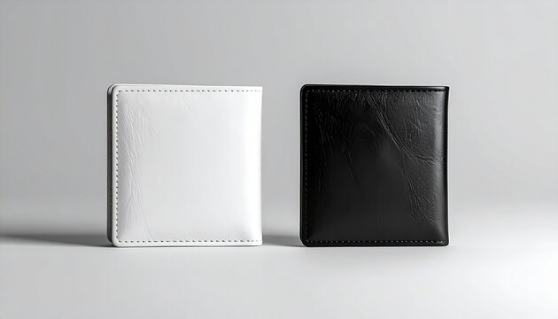 Modern mockup of black and white leather wallets floating on a clean background. Ideal for showcasing branding, logo design, and fashion accessories.